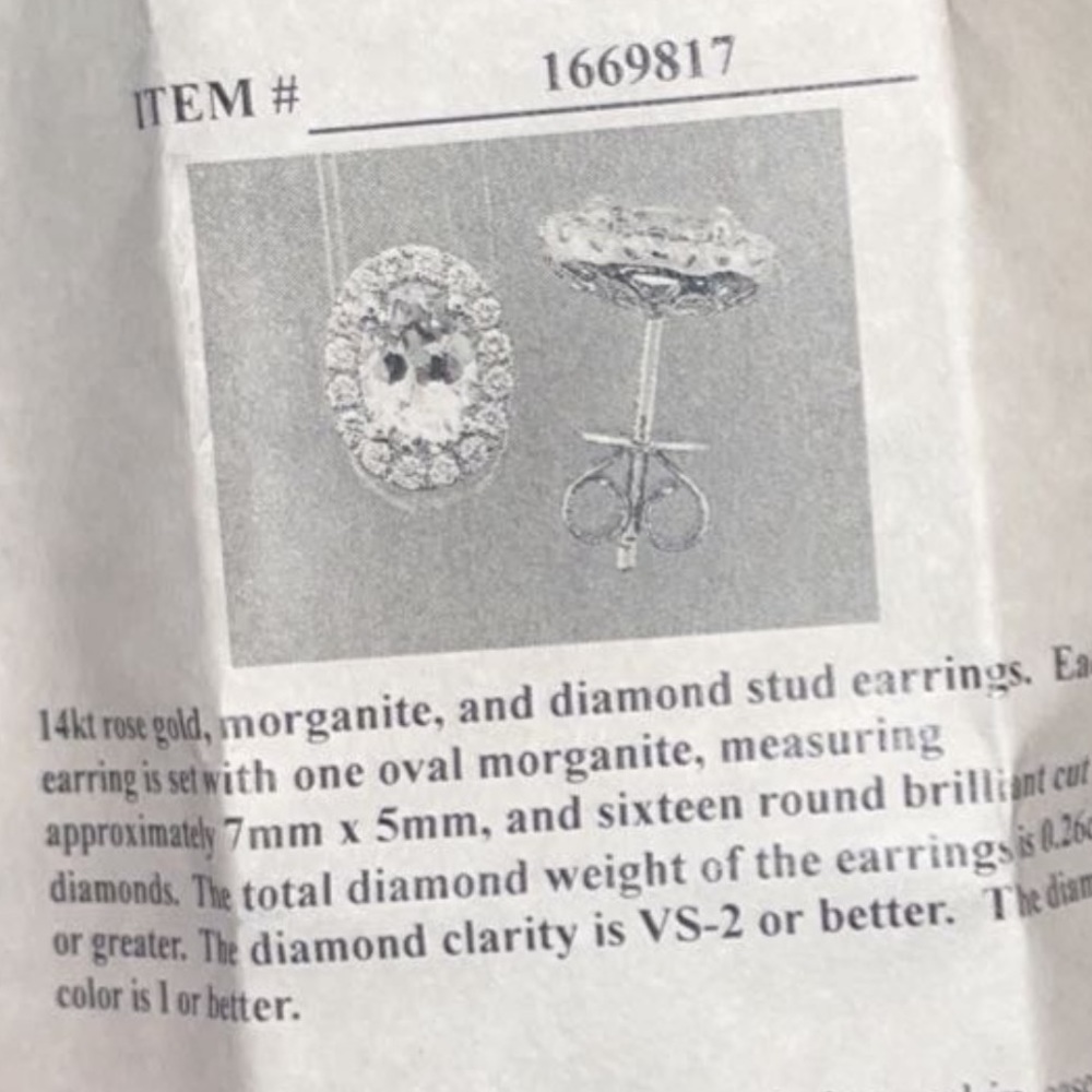 14kt rose gold, morganite, and diamond stud earrings.